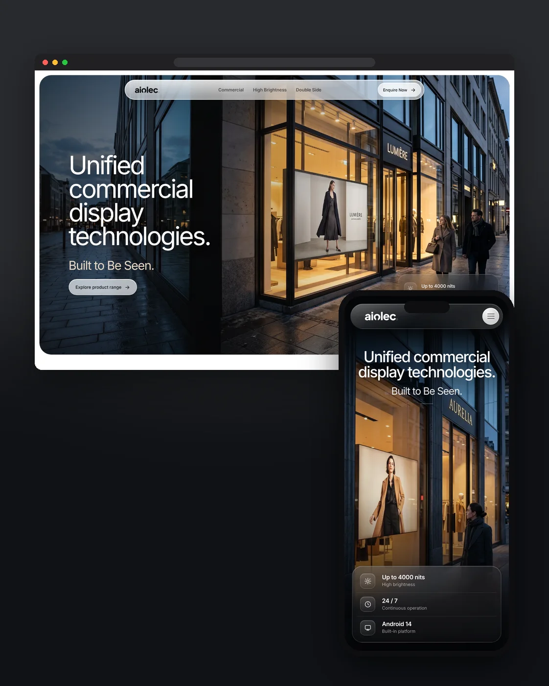 Aiolec website on desktop and mobile: 'Unified commercial display technologies'