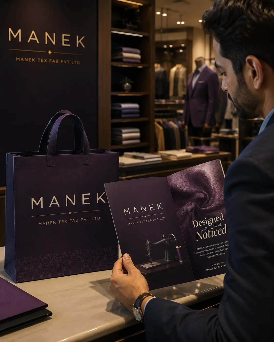 Manek luxury shirting brand collateral