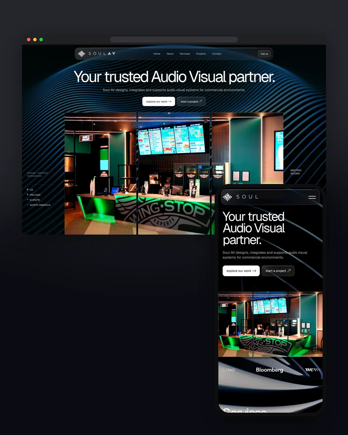 Soul AV website on desktop and mobile: 'Your trusted Audio Visual partner'